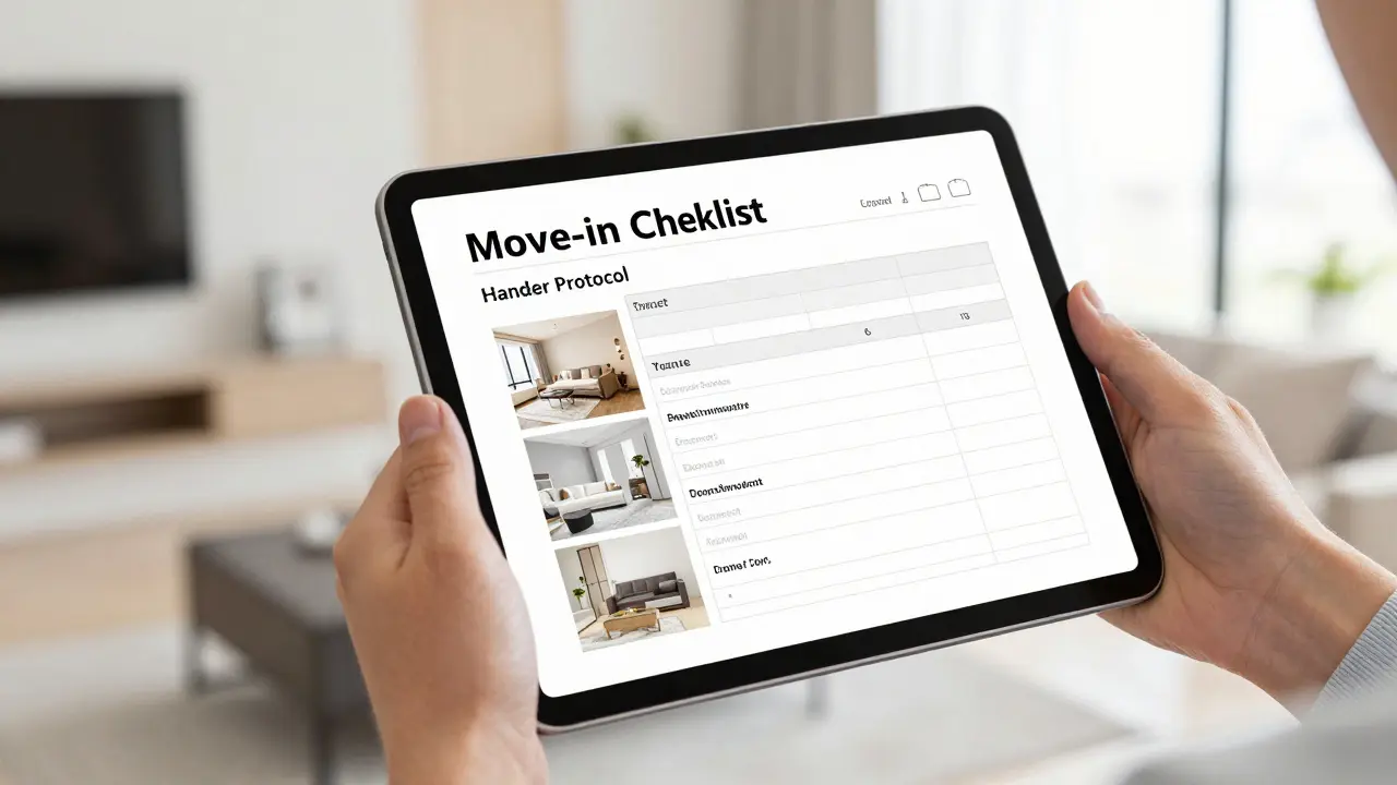 Majitel bytu kontrolující předávací protokol na tabletu v interiéru.