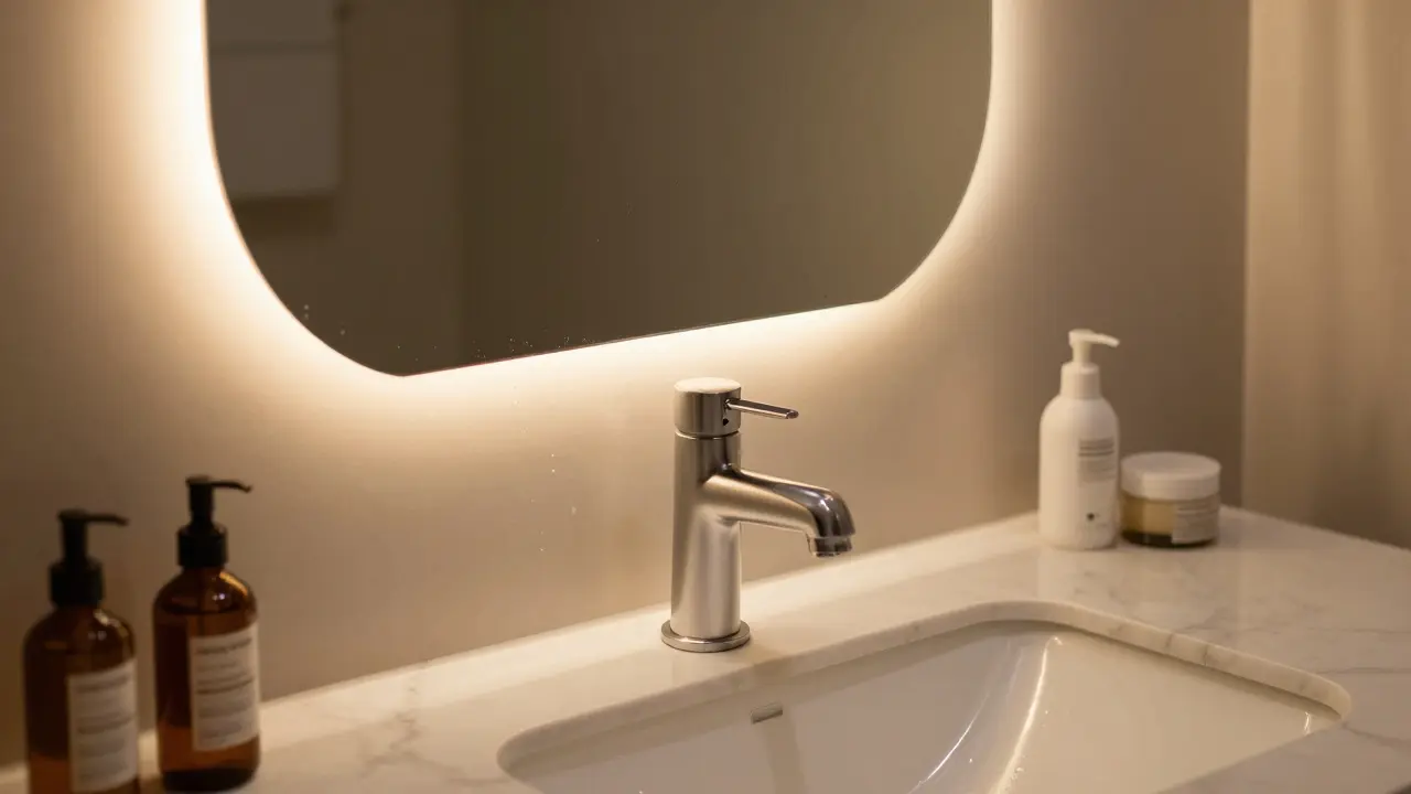 Moderní asymetrické LED zrcadlo v koupelně s teplým relaxačním podsvícením.