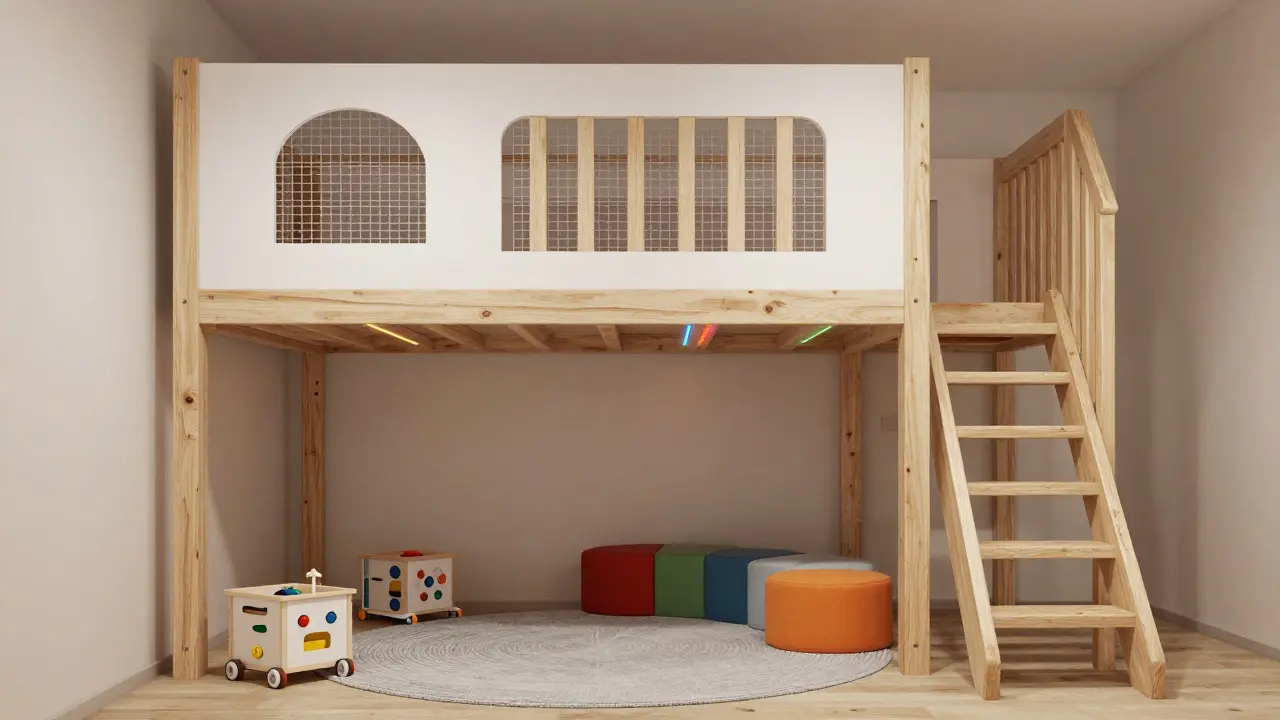 Moderní dětský pokoj se zvýšeným hracím patrem z dřeva a modulární ostrovní zónou.