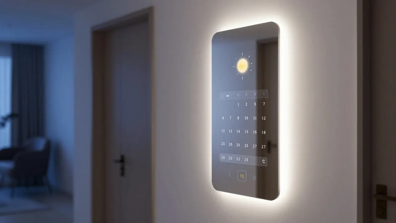 Moderní smart zrcadlo s LED podsvícením a digitálním displejem v hale