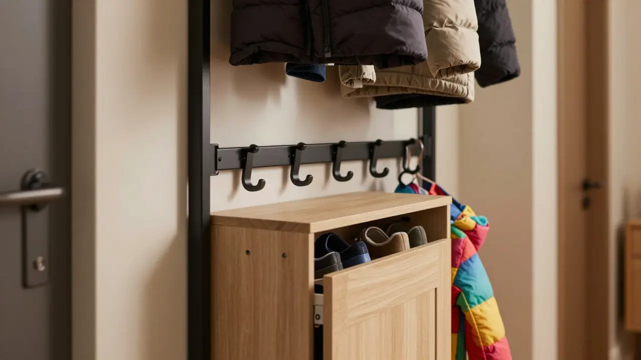 Nástěnná lišta s háčky v různých výškách a úzký vyklápěcí botník.