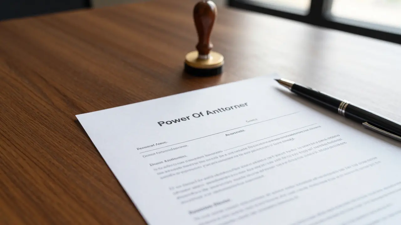 Právní dokument plná moc s notářským razítkem na dřevěném stole.