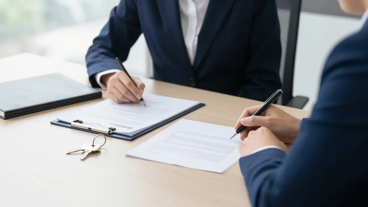 Právní konzultace s dokumenty a klíči od domu na stole