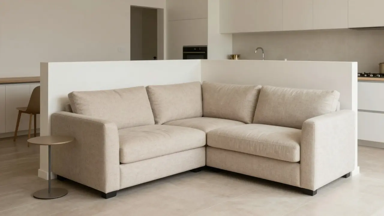 Rohová sedačka sloužící jako zónovač mezi obývacím pokojem a kuchyní v malém bytě.