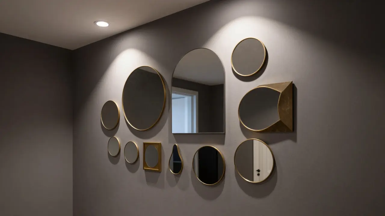 Sada dekorativních zrcadel různých tvarů uspořádaná jako koláž na stěně v předsínce.