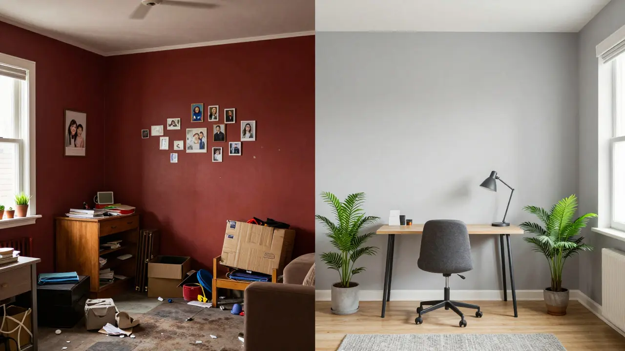 Srovnání nepřipraveného zatemnělého pokoje s moderním prostorem po home stagingu.