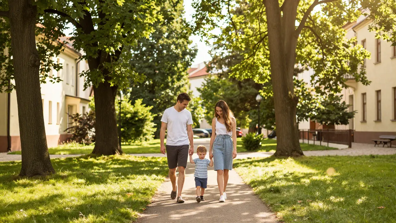Štastná rodina na procházce v zelené rezidenční oblasti Prahy.