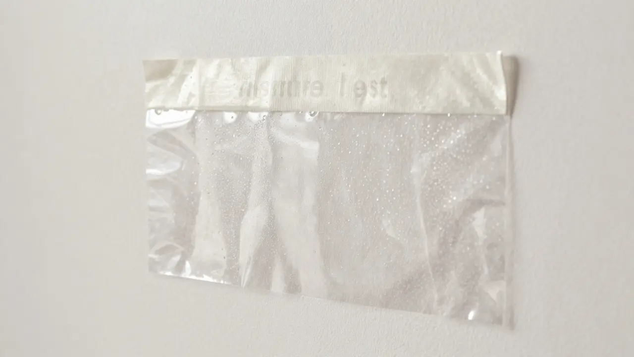 Test vlhkosti stěny pomocí průhledné plastové fólie s kapičkami vody.