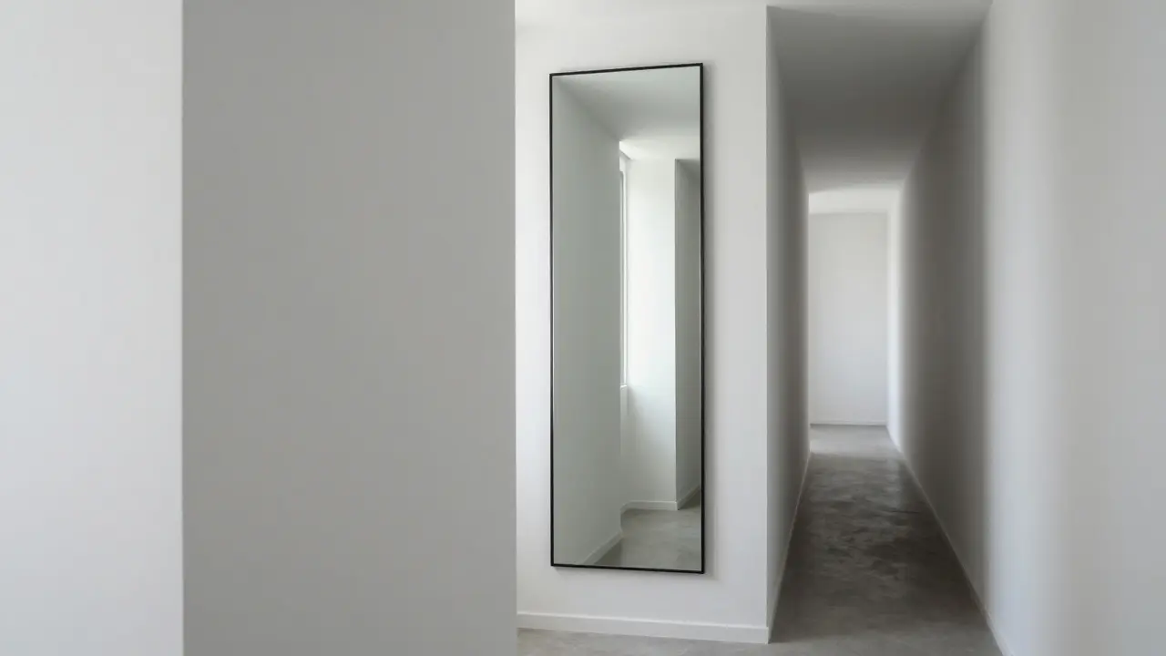 Zrcadlo na konci chodby odrážející přirozené světlo z okna