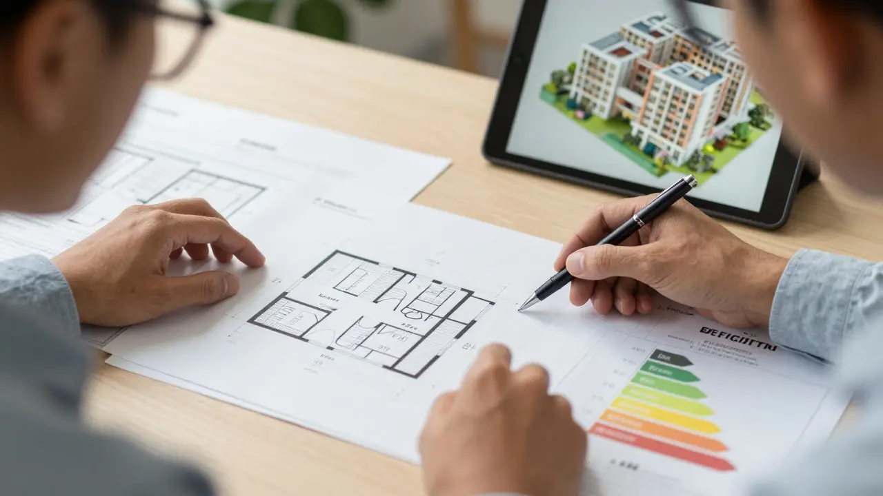 Architekt kontroluje projektovou dokumentaci a výkresy