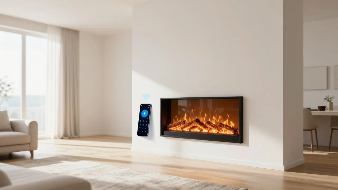 Chytrý elektrický krb v moderním interiéru propojený s domácností