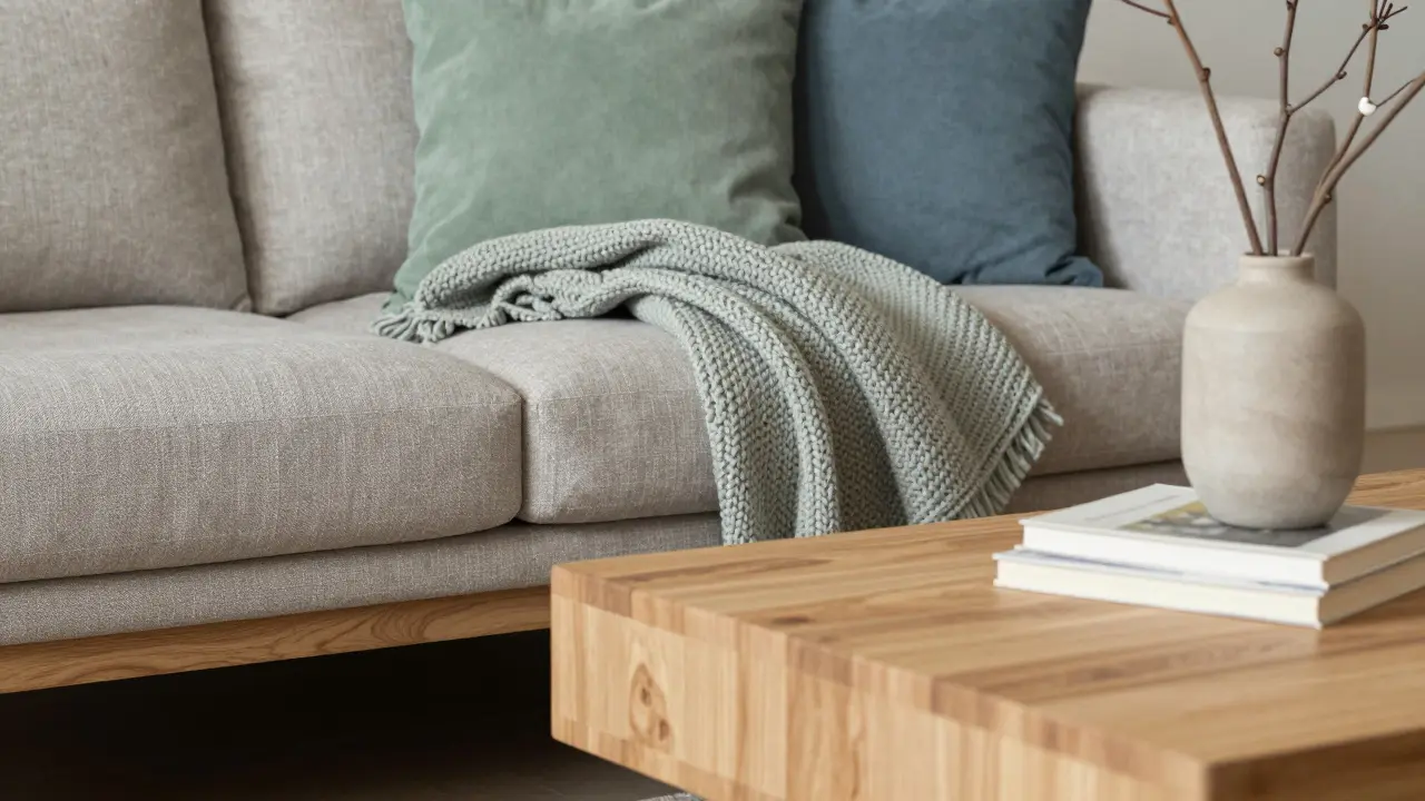 Detail textilií a dřevěného nábytku ve stylu hygge v obýváku