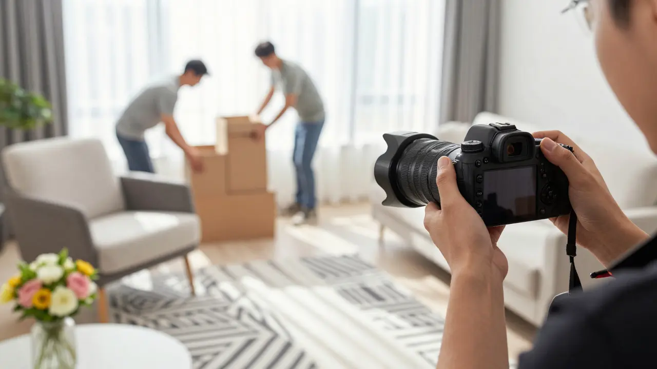 Fotograf pořizuje profesionální snímky dočasně zřízeného koutku pro fotostaging.