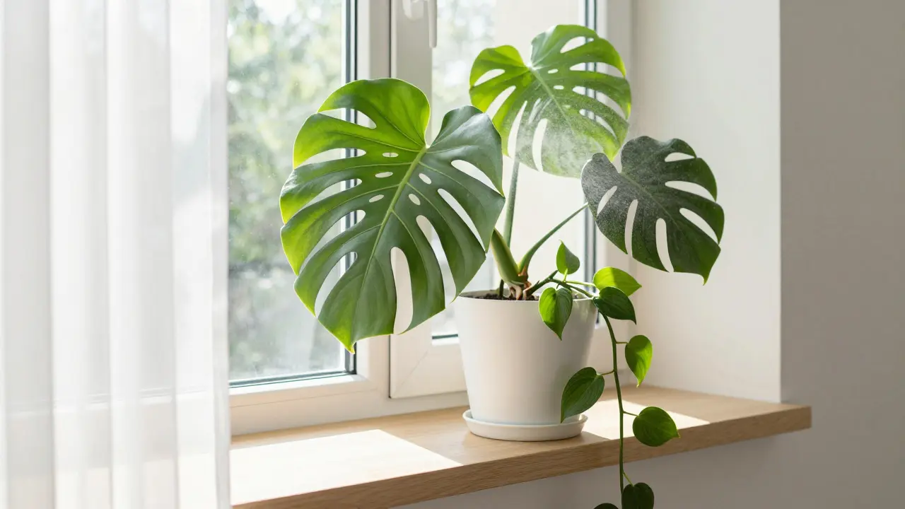 Monstera a chlorofytum na okenním parapetu osvětlené sluncem a postřikované vodou