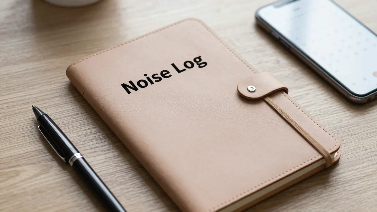 Notebook and pen for documenting noise complaints on a desk