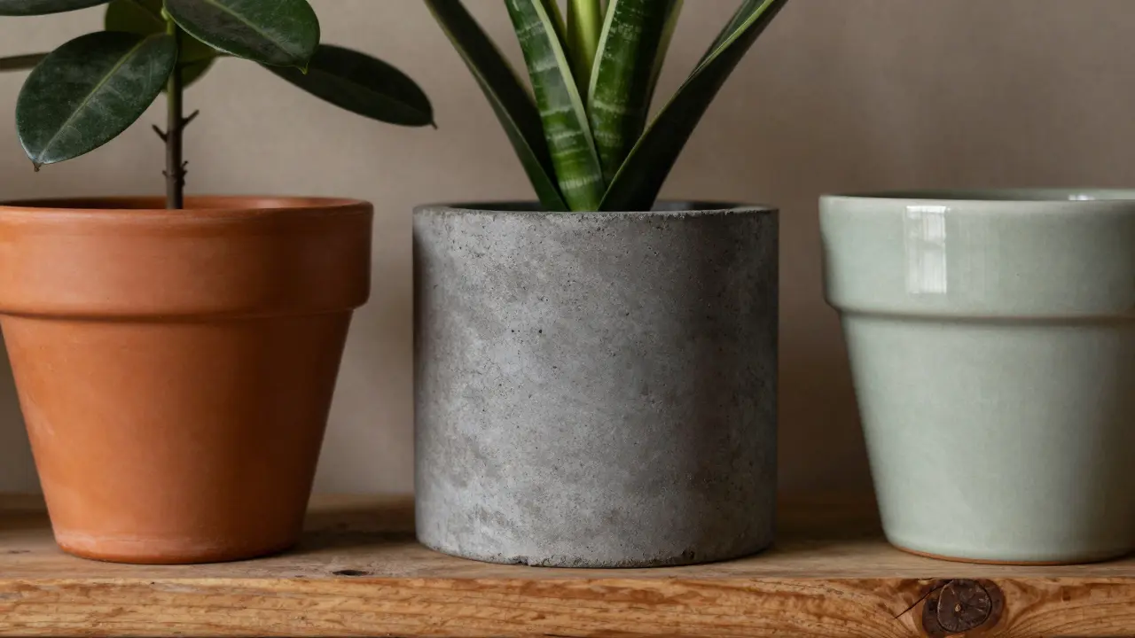 Tři květináče z různých materiálů: terakota, beton a keramika