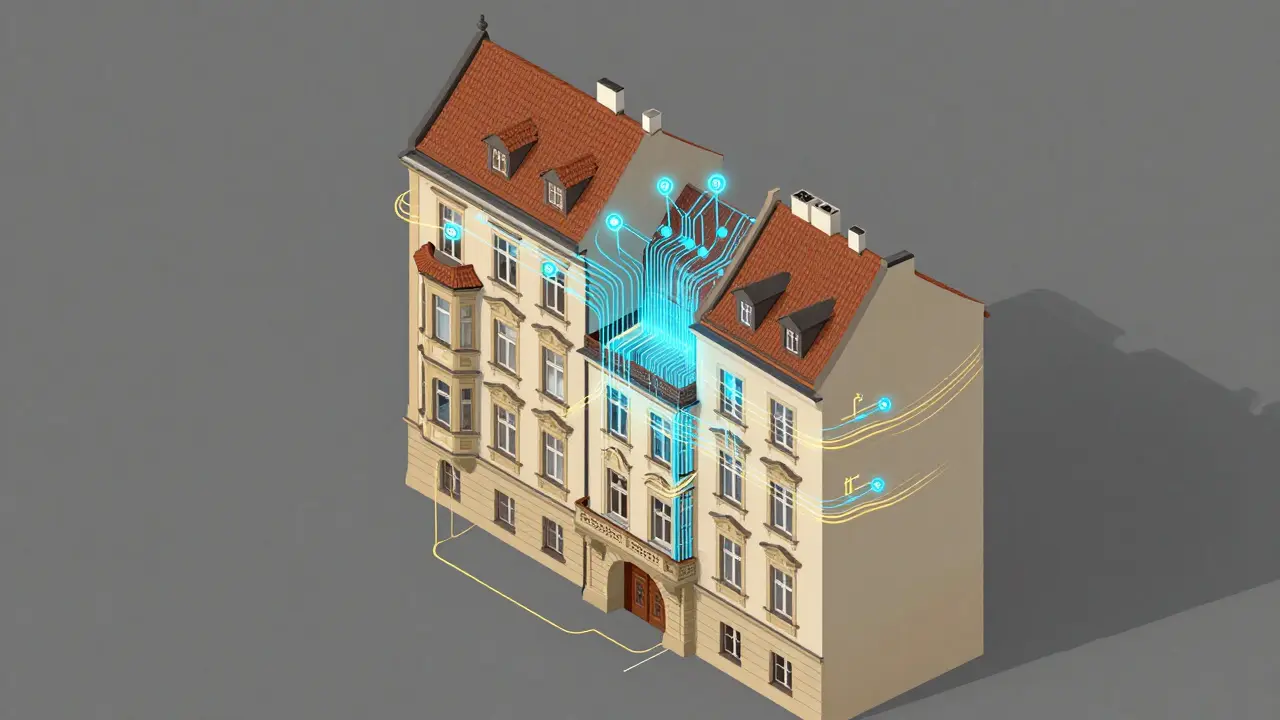 Abstraktní vizualizace propojení tradiční architektury s chytrými technologickými systémy