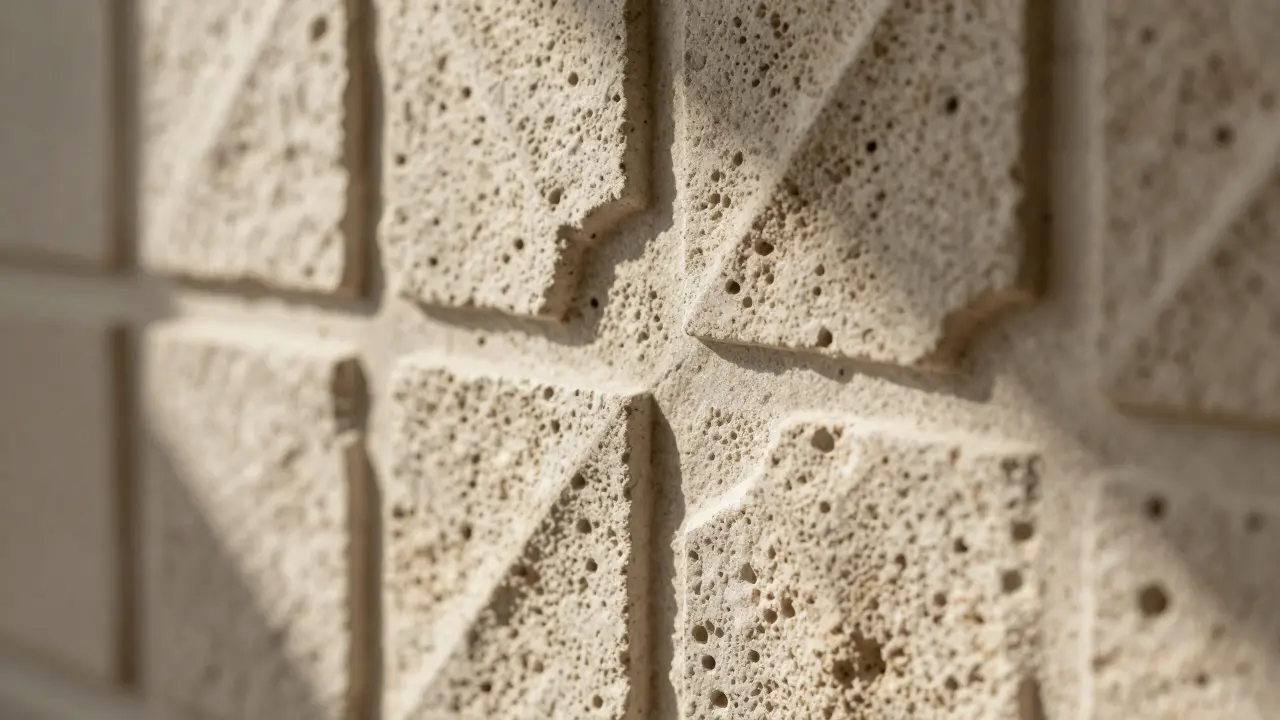 Detail texturované stěny z přírodního kamene s hrou světla