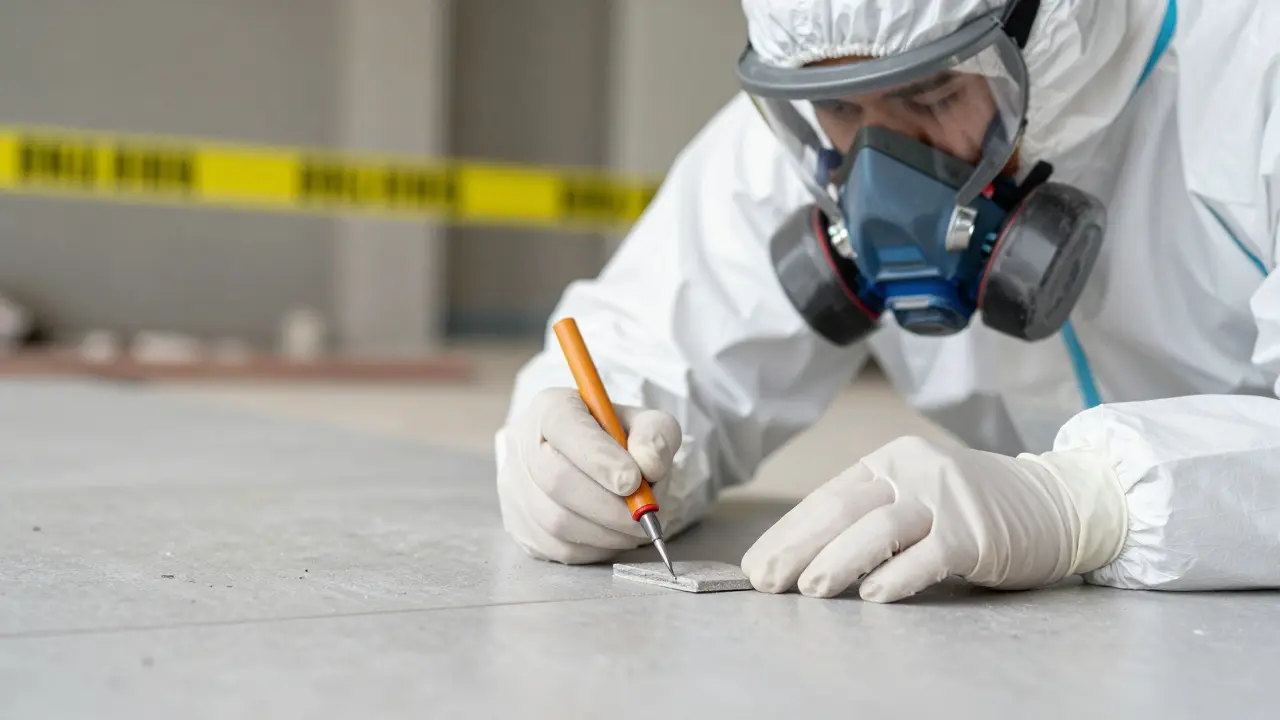 Odborník v ochranném obleku odebírá vzorek podezřelého stavebního materiálu