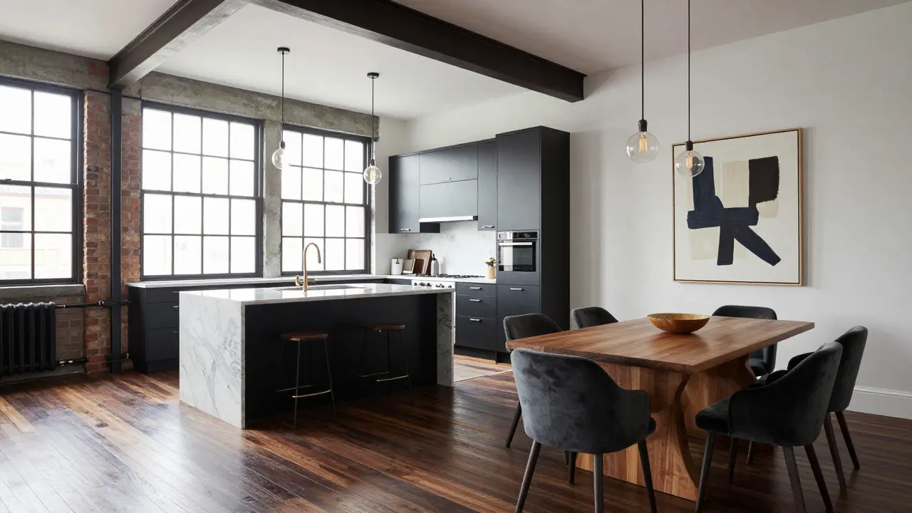 Prostorný loft s kuchyní a jídelnou v industriálním minimalistickém stylu