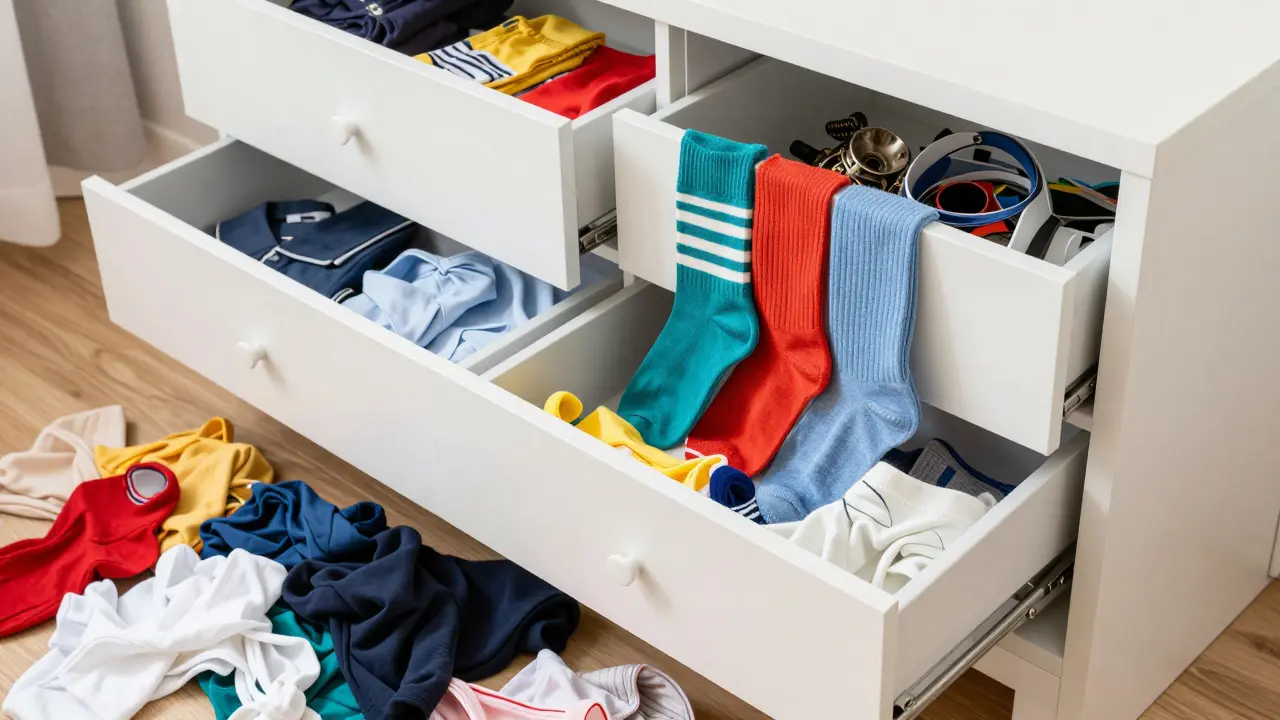 Uklizená místnost s věcmi uloženými vertikálně pro přehlednost