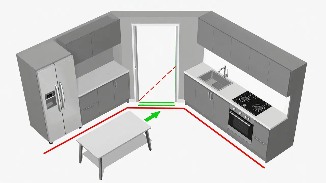 Architektonický pohled na kuchyň s překážkami v pracovním trojúhelníku znázorněnými čarami.
