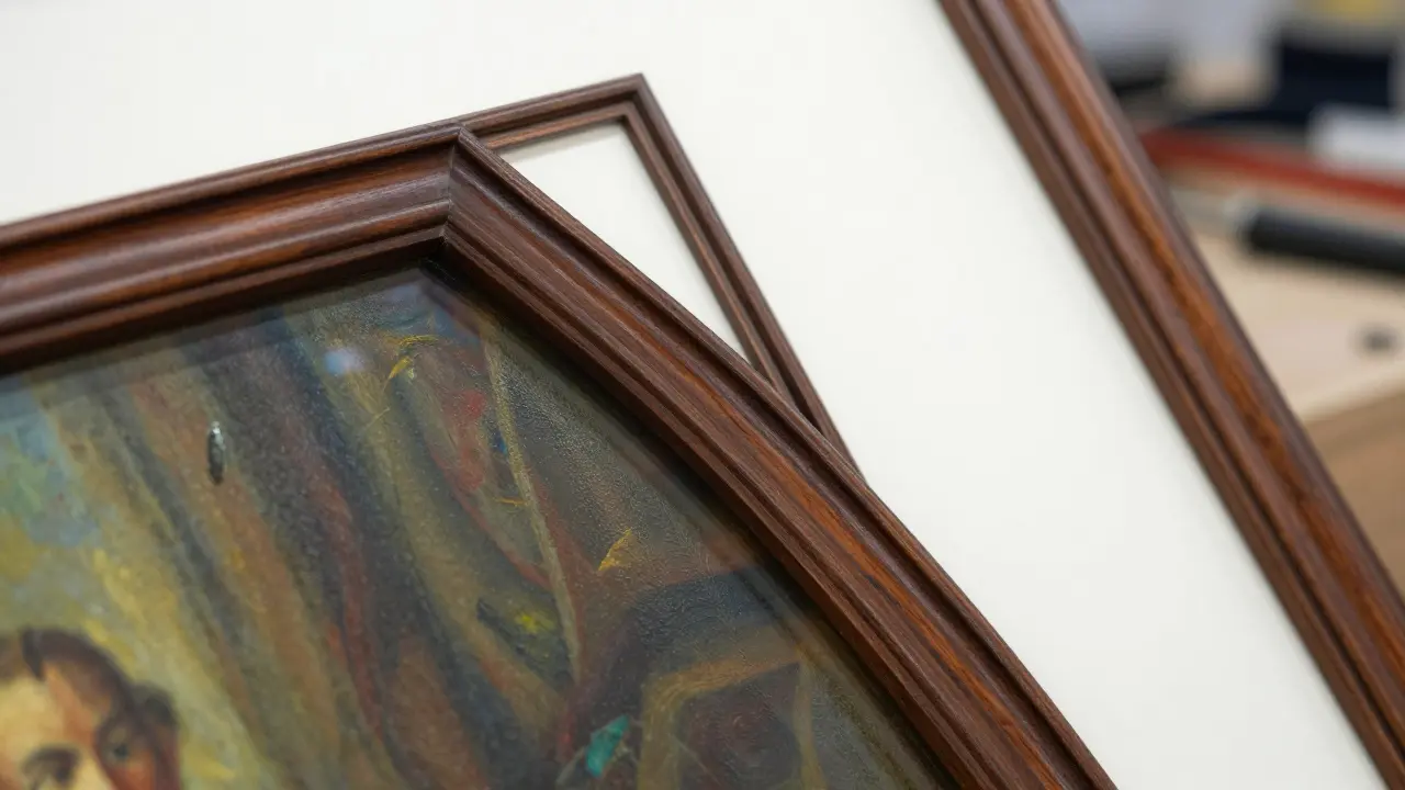 Close-up of a detailed wooden frame with museum glass protecting an oil painting