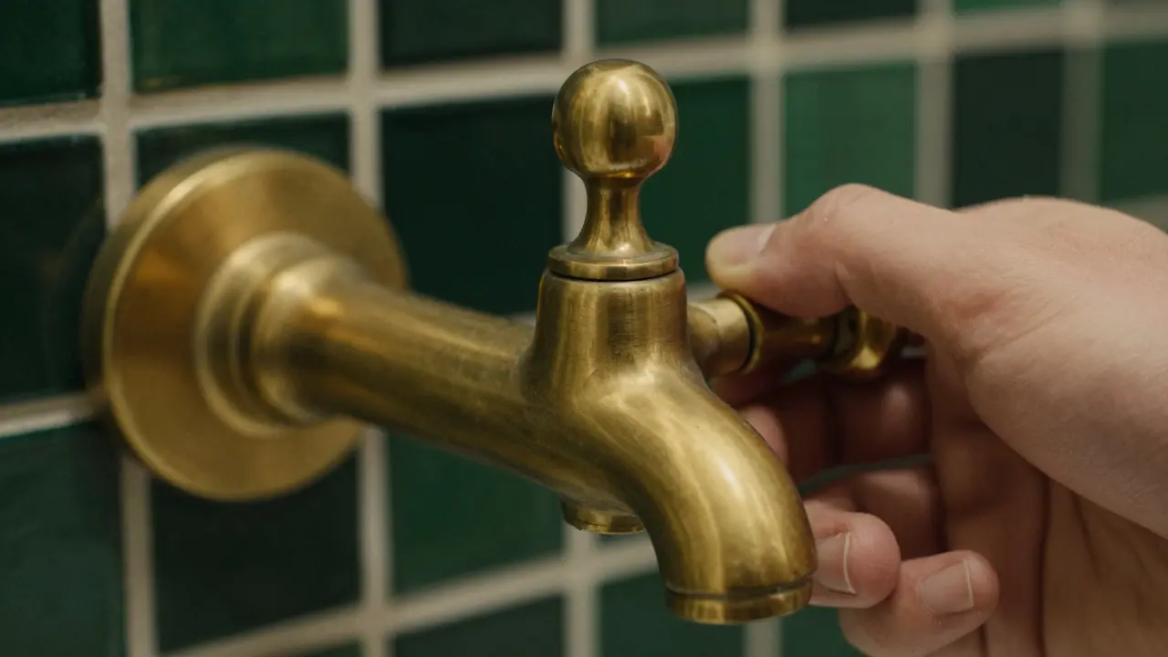 Detail těžké mosazné baterie před tmavě zelenou mozaikou