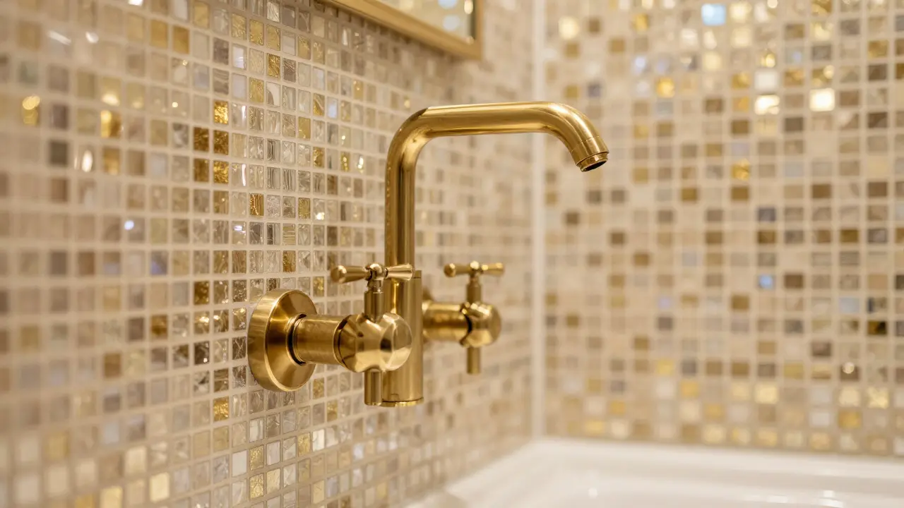 Glam koupelna: Mosazné baterie a mozaika - jak to spojit, aby to nebylo kitsč