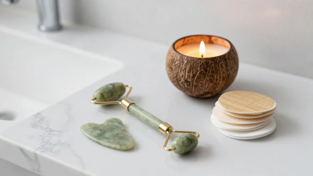 Luxusní relaxace: jade roller, kokosová svíčka a bambusové tamponky