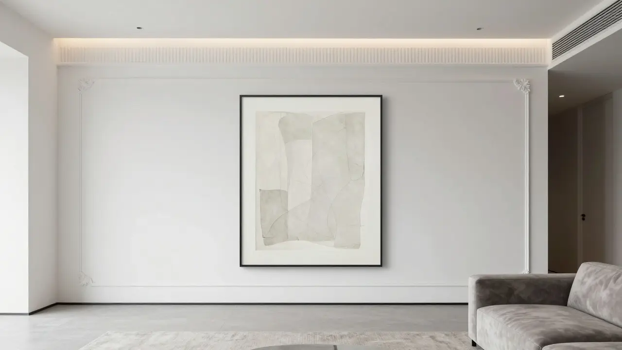 Modern apartment interior combining classical wall trim with minimalist abstract art