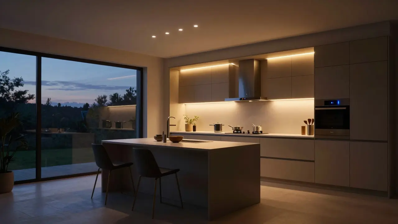 Moderní kuchyně s teplým ambientním LED podsvícením skříněk večer