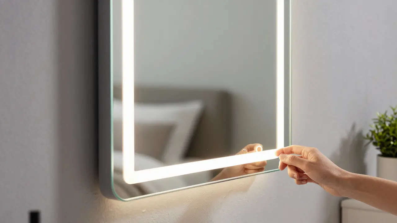 Moderní LED zrcadlo s podsvícením na stěně v ložnici