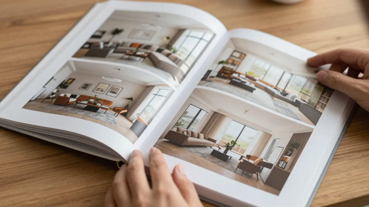 Otevřená kniha portfolia s fotografiemi interiérů