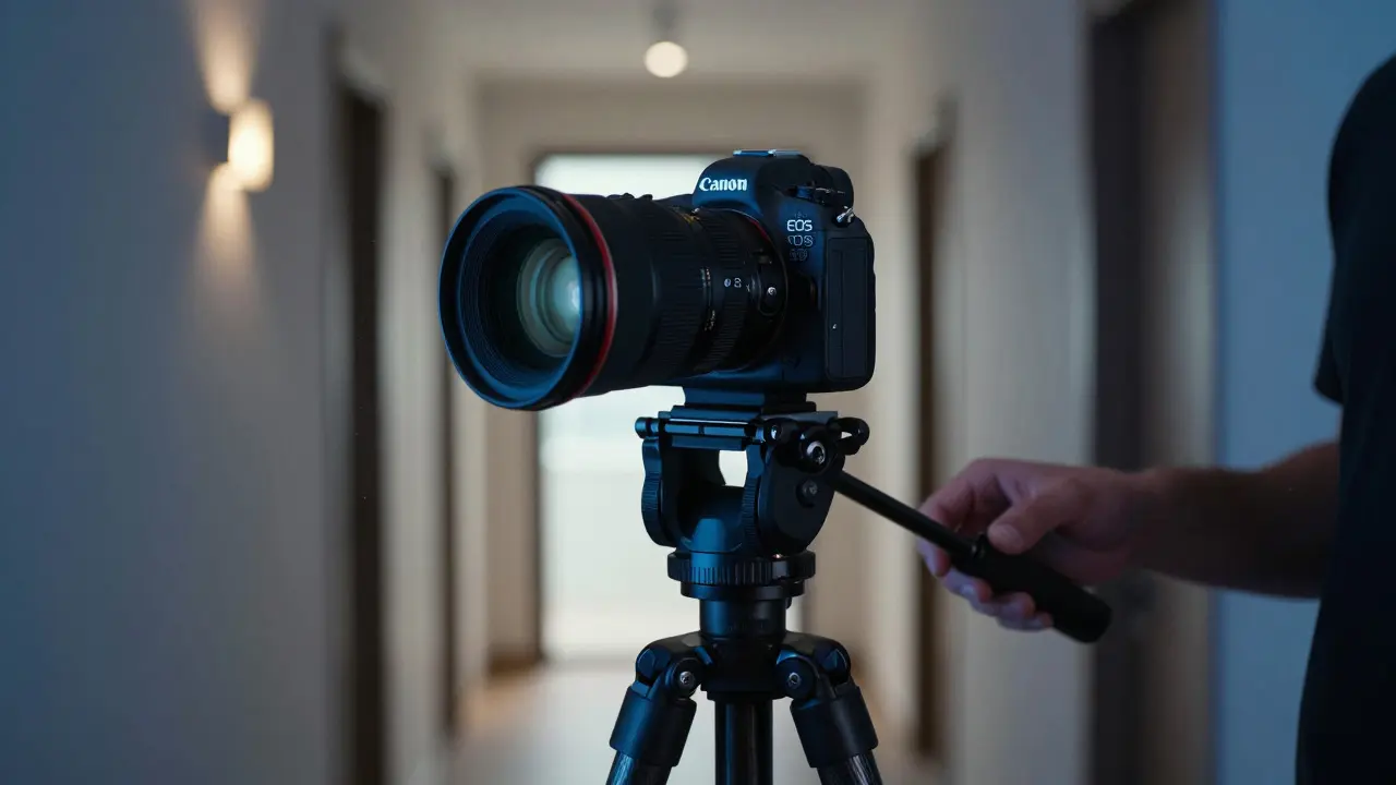 Profesionální fotoaparát na stativu připravený k focení interiéru