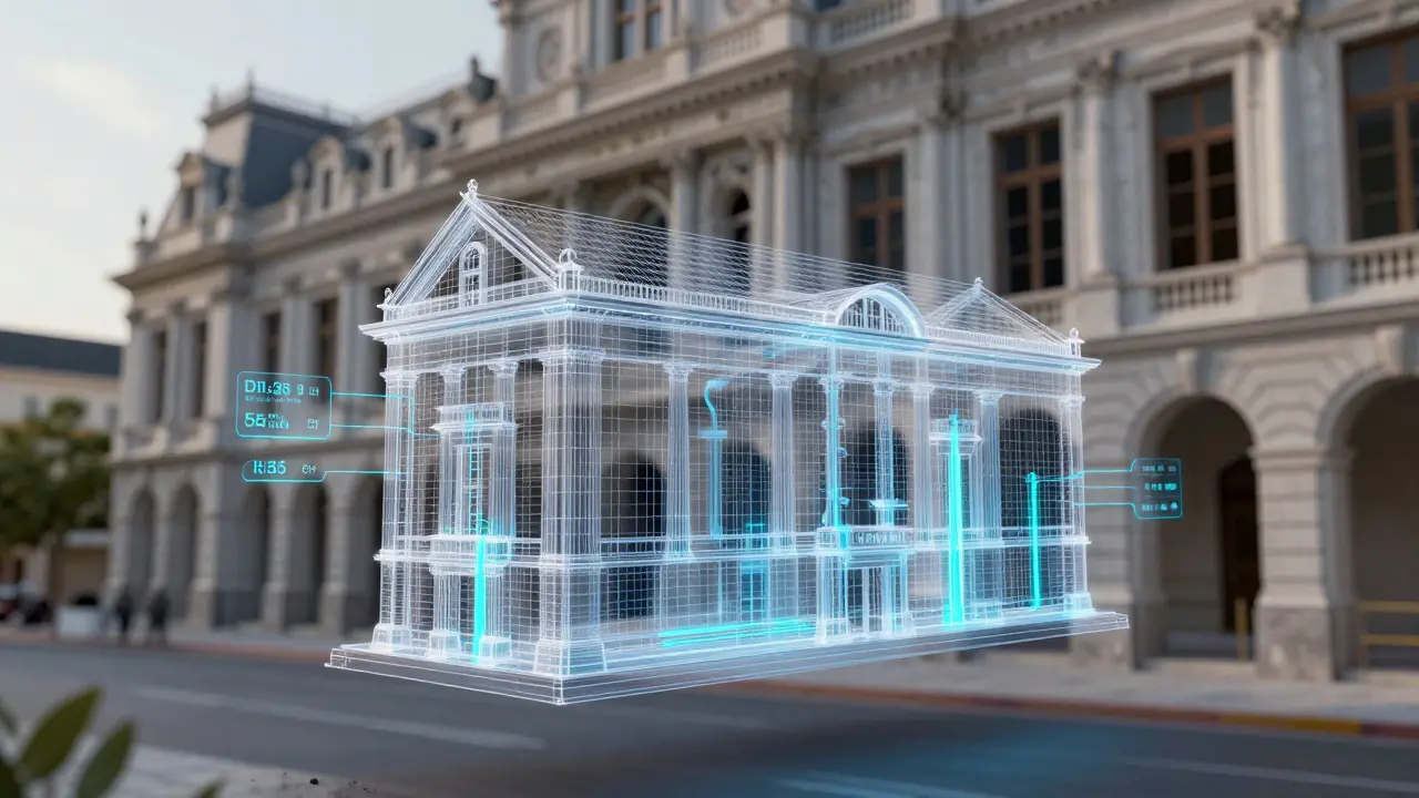 Průhledný 3D BIM model budovy s datovými tagy nad reálnou stavbou