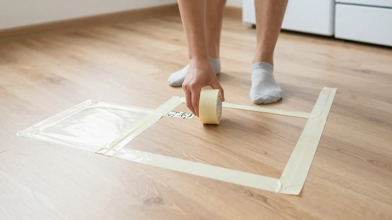 Testování ergonomie kuchyně pomocí izolepy na podlaze prázdné místnosti.