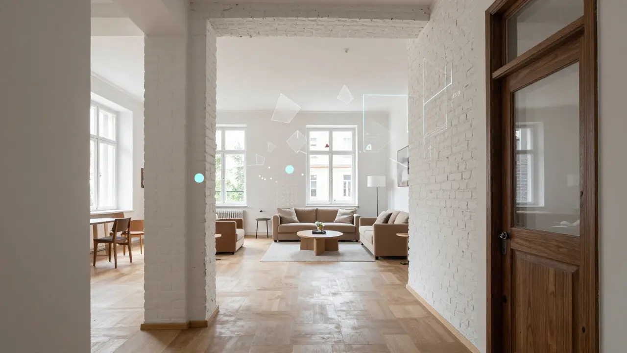 Bright renovated apartment interior with abstract data overlays
