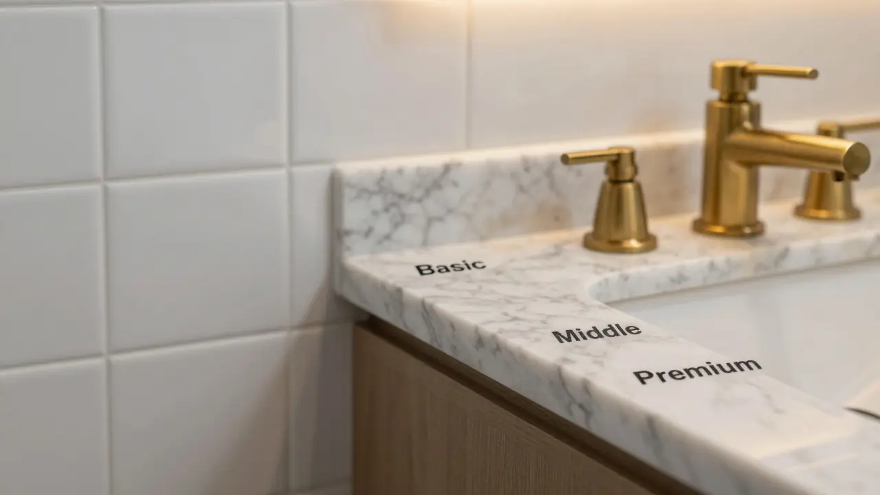 Comparison of basic and premium bathroom materials like marble and ceramic