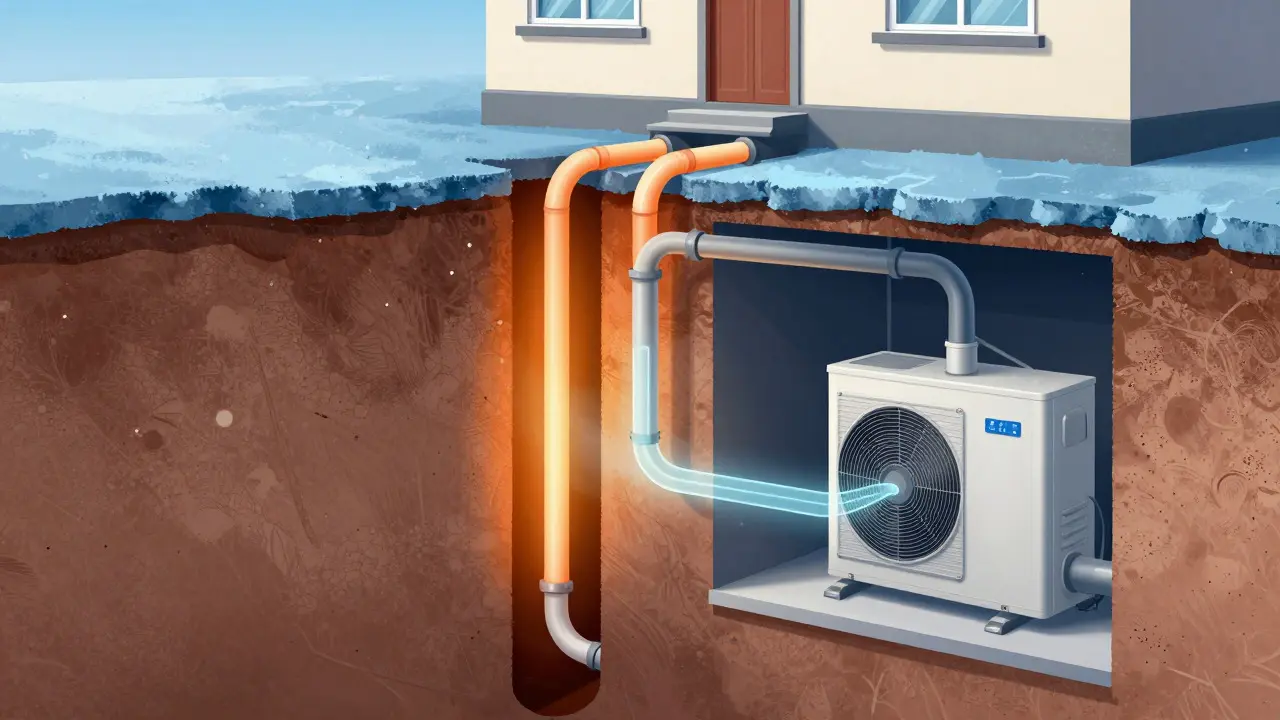 Cross-section view of underground boreholes for a ground-source heat pump system