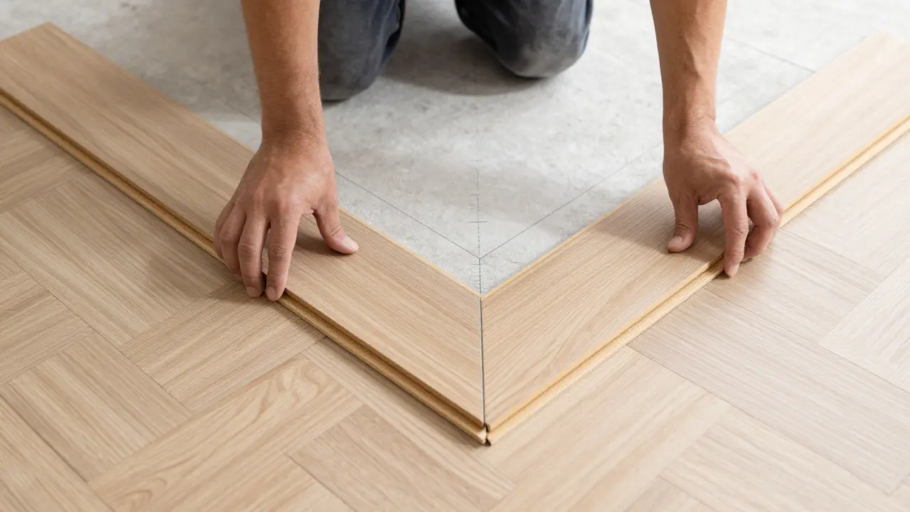Detail instalace dřevěných prken v pravém úhlu pro vytvoření vzoru rybí kost