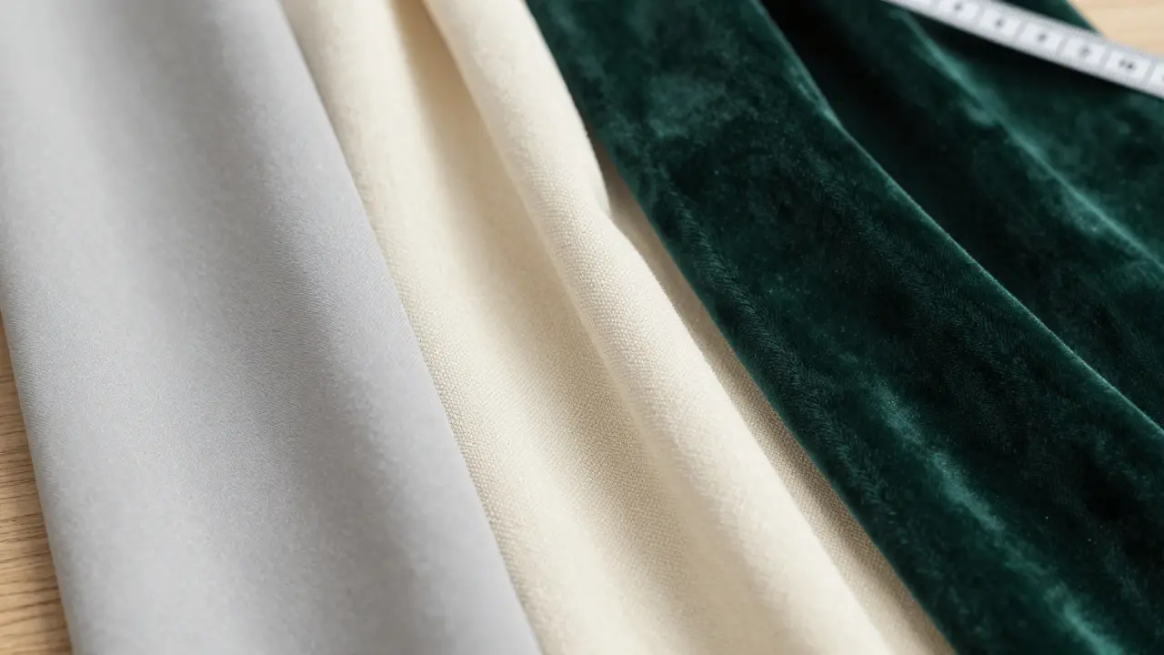 Detailní porovnání textur látek: polyester, bavlna a samet pro závěsy
