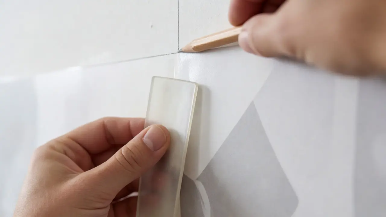 Detailní záběr na precizní lepení pruhu fototapety pomocí vyhlazovací stěrky.