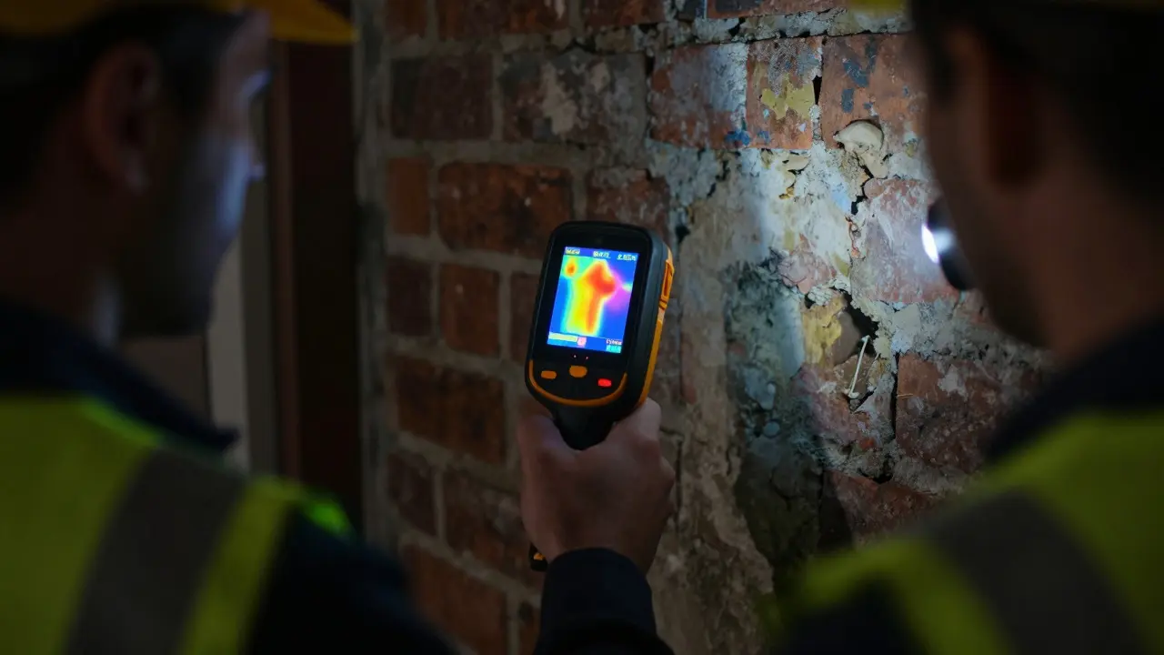 Inspektor používá termokameru k odhalení skrytých vad ve stěně starého bytu