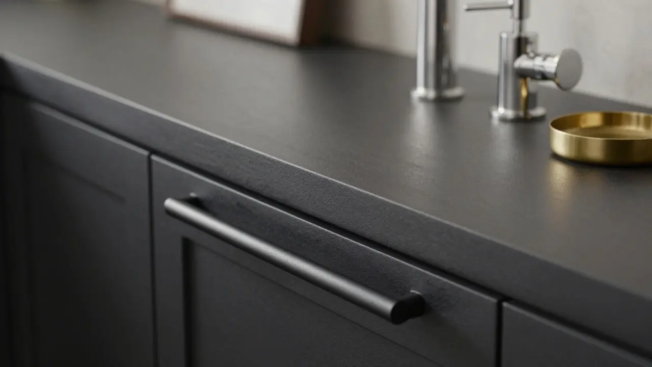 Kitchen detail showing matte black handles, nickel faucet, and brass soap dish