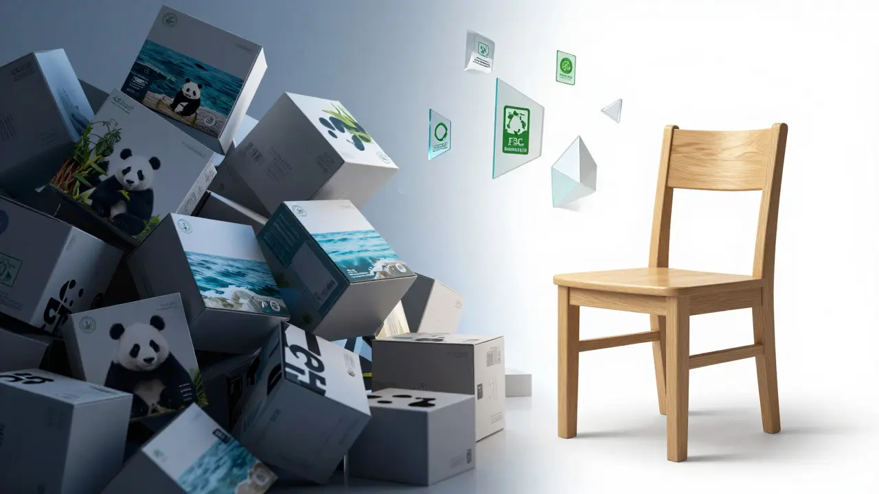 Konceptuální ilustrace kontrastu mezi klamavým marketingem a ověřenou udržitelností
