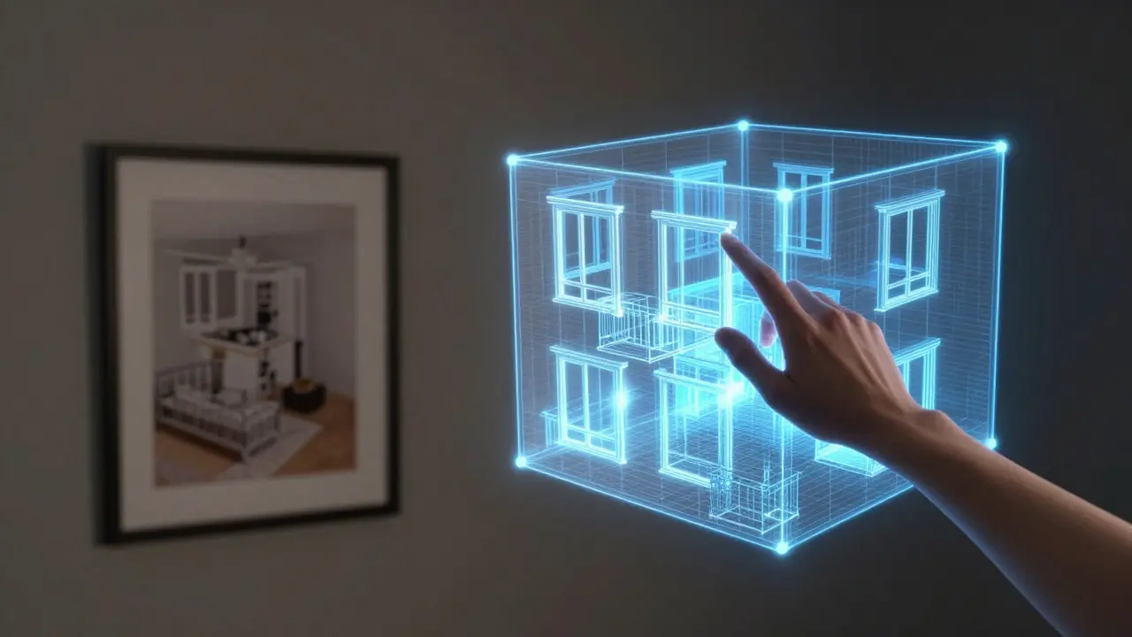 Konceptuální ilustrace srovnávající statickou fotografii s interaktivním 3D modelem