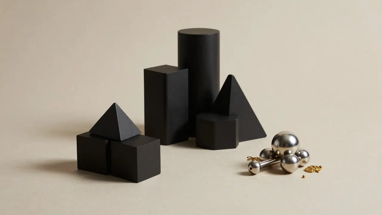 Minimalist still life of black, nickel, and brass objects arranged in a triangle