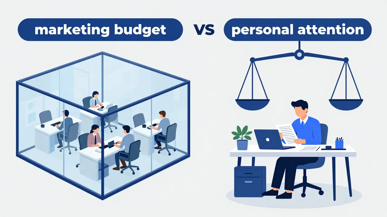 Porovnání velkých kanceláří a nezávislých makléřů ve stylu infografiky