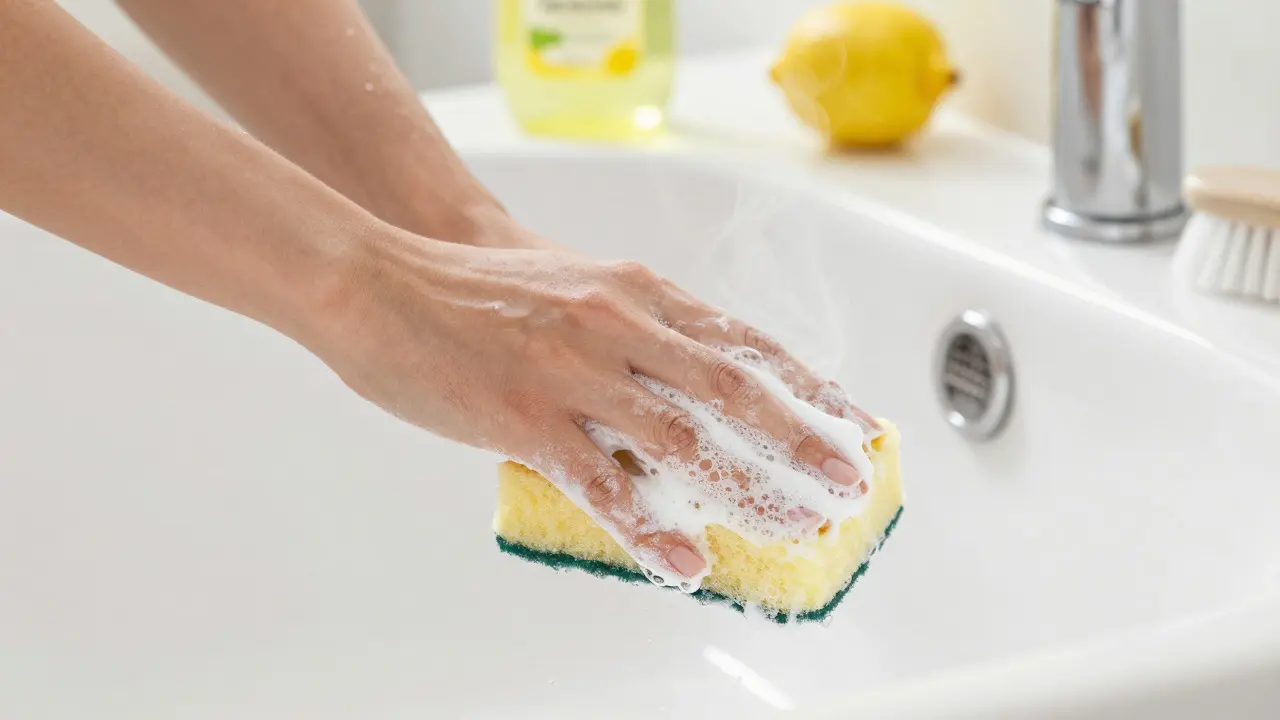 Ruce čistící vanu pastou ze sody pomocí houbičky za přítomnosti páry